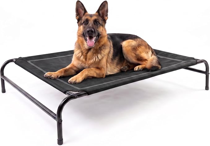 MICOOYO Outdoor Dog Bed, Elevated Dog Bed Raised Dogs Bed with Breathable & Washable Mesh, No-Slip Feet, Easy Clean, Chew Proof, Portable Dog Cot for Indoor & Outdoor Use, 47" x 31" x 9", Black