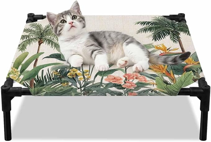 Outdoor Elevated Dog Bed for Small Dogs, Summer Palm Tree Breathable Cooling Raised Dog Cot for Indoor/Outdoor, Tropical Botanical Floral Coastal Rustic Waterproof Elevated Pet Beds, S 20 x 20 in