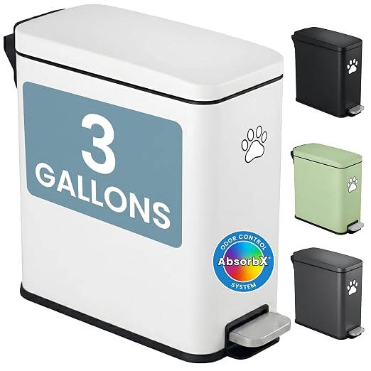 iTouchless 3 Gallon / 12 Liter Dog Poop Trash Can with AbsorbX Odor Filter - Outdoor Pet Waste Receptacle with Step Pedal - Soft Close Metal Garbage Bin for Yard, Patio, Bathroom, Matte White