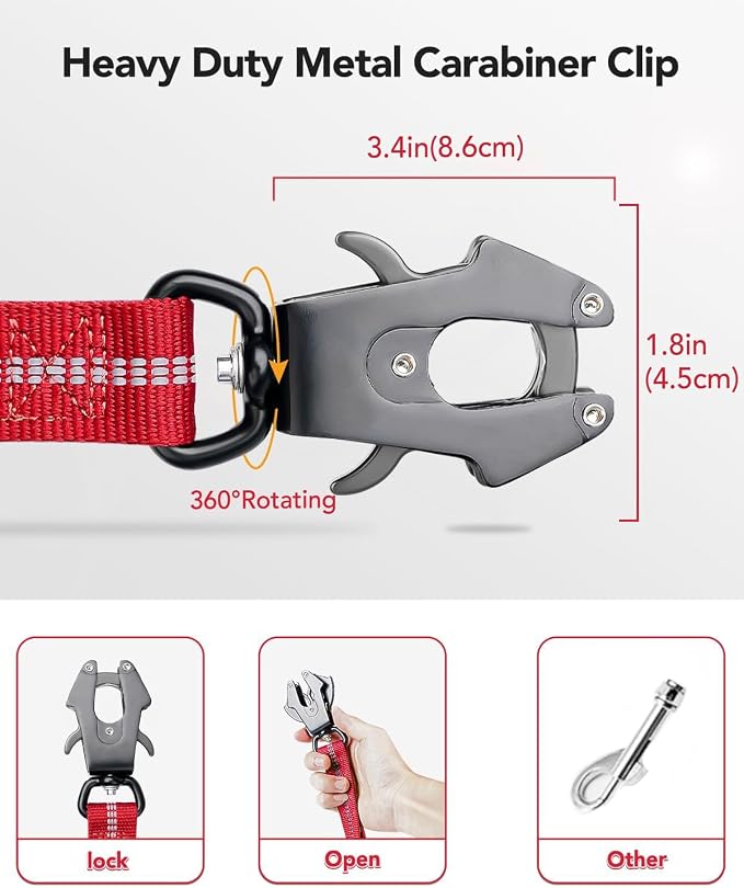 Joytale Tactical Bungee Dog Leash, Shock Absorbing No Pull, Red | For Large Dogs That Pull, 2 Padded Handles for Control, Car Seatbelt Clip, Reflective for Night Safety, Metal Frog Clip
