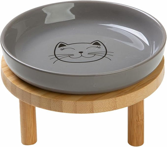Lusifaco Shallow Elevated Cat Bowls,5.9 Inch Wide Raised Ceramic Cat Dishes with Bamboo Stand, Whisker Friendly Pet Water or Food Plates Feeding Station for Indoor Cats, Kitten(Grey,Set of 1)