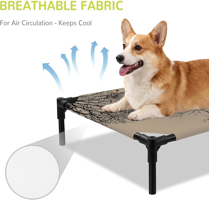 Outdoor Elevated Dog Bed for Medium Dogs, Brown Black Branches Breathable Cooling Raised Dog Cot for Indoor/Outdoor, Botanical Dead Tree Birds Waterproof Elevated Pet Beds, M 24 x 20 in