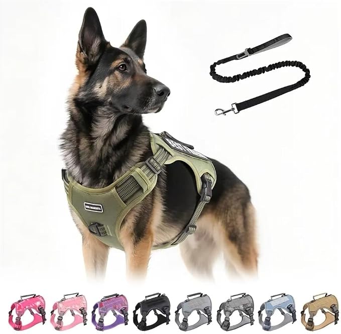 Tactical Dog Harness with Leash for Large Dogs, No Pull Adjustable Dog Harness, Reflective K9 Working Pet Vest for Walking, Training (Army Green, S)