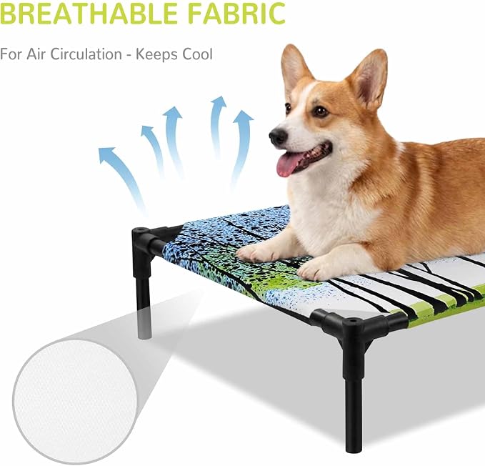 Outdoor Elevated Dog Bed for Large Dogs, Blue Green Forest Breathable Cooling Raised Dog Cot for Indoor/Outdoor, Modern Nature Tree Branch Landscape Waterproof Elevated Pet Beds, L 28 x 22 in