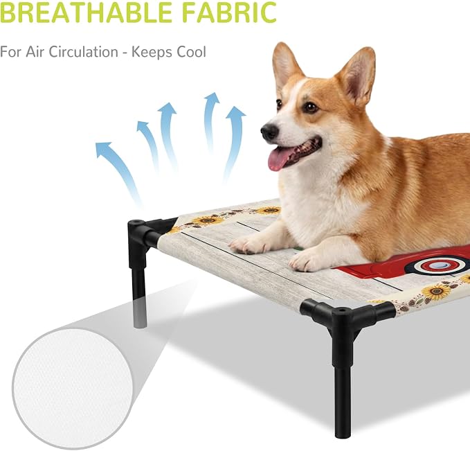 Outdoor Elevated Dog Bed for Medium Dogs, Sunflowers Breathable Cooling Raised Dog Cot for Indoor/Outdoor, Country Botanical Bees Red Truck Wooden Plank Waterproof Elevated Pet Beds, M 24 x 20 in