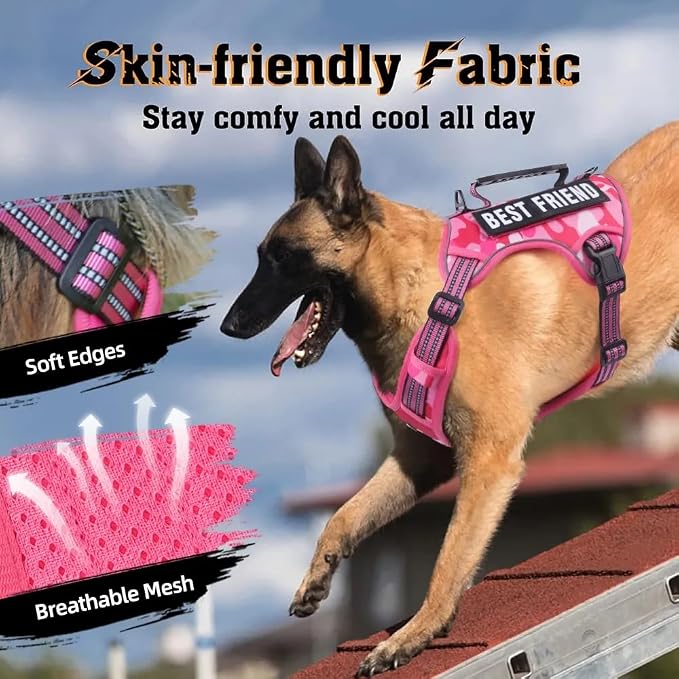 Tactical Dog Harness with Leash for Large Dogs, No Pull Adjustable Dog Harness, Reflective K9 Working Pet Vest for Walking, Training (Fuchsia Camo, M)