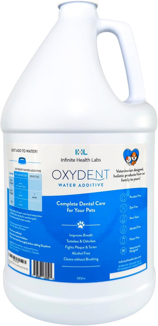 Oxydent Premium Pet Dental Care Solution - Pet Water Additive & Mouthwash for Teeth Cleaning - Eliminate Bad Dog & Cat Bad Breath - Dog Dental Rinse - Fights Tartar & Plaque - 1 Gallon