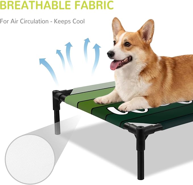 Outdoor Elevated Dog Bed for Large Dogs, Green Wooden Grain Breathable Cooling Raised Dog Cot for Indoor/Outdoor, Ombre Farmhouse Country Wood Plank Waterproof Elevated Pet Beds, L 28 x 22 in