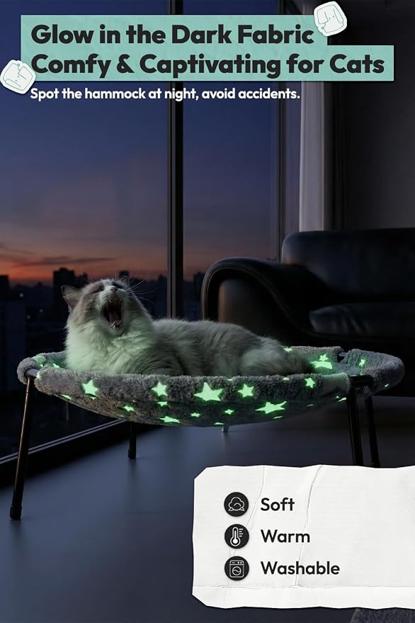Elevated Cat Bed, Glow-in-The-Dark Fabric Cat Hammock Bed for Large Indoor Cats, Machine Washable & Breathable Cover, Tool Free Easy Assembly, up to 66Lbs (Gray, L)