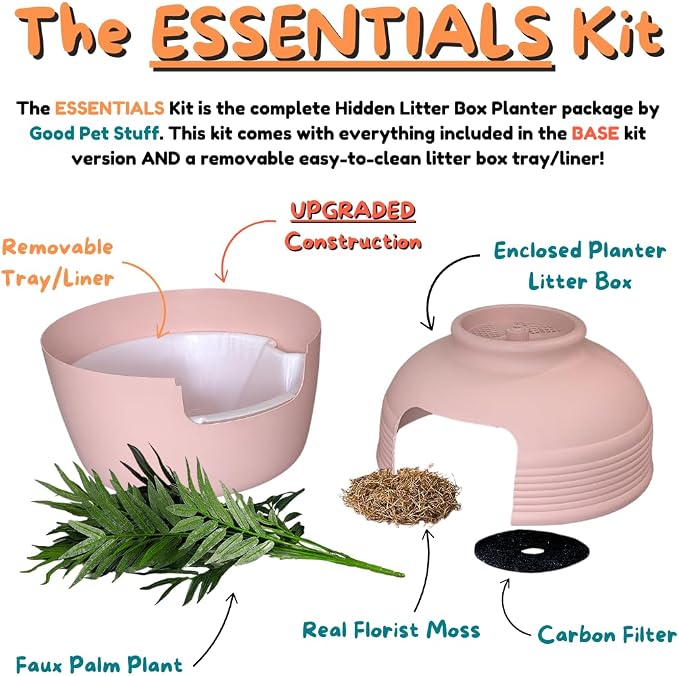 Good Pet Stuff Original Hidden Litter Box Planter, Decorative Cat Litter Enclosure with Carbon Filter, Artificial Palm Plant, Upgraded Design, Easy Clean Litter Tray, Essentials Kit, Pink Coral