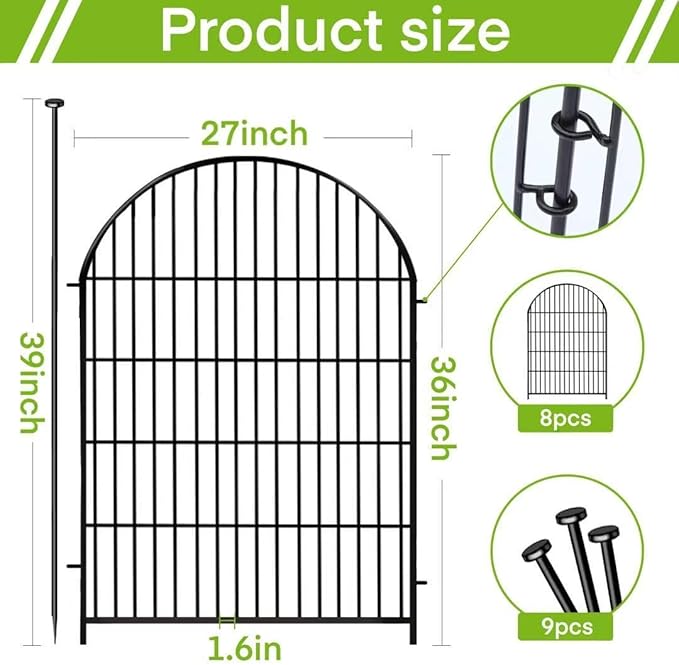 ADAVIN Garden Fence Animal Barrier with Gate 36 in(H)×17.5 Ft(L) 8 Panels,Rustproof Metal Wire Tall Fencing Border for Dogs Rabbits,Outdoor no dig pet Fences, Arched Black Flower Edging for Yard