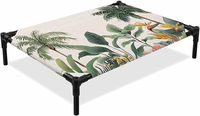 Outdoor Elevated Dog Bed for Medium Dogs, Summer Palm Tree Breathable Cooling Raised Dog Cot for Indoor/Outdoor, Tropical Botanical Floral Coastal Rustic Waterproof Elevated Pet Beds, M 24 x 20 in