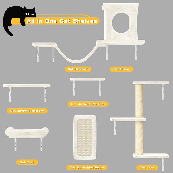 12-in-1 Cat Wall Shelves, Wall Mounted Cat Climber with Condo House, Scratching Post, Bridge Ladder, Space-Saving Indoor Play Furniture for Kittens, White