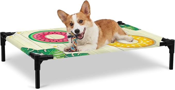 Outdoor Elevated Dog Bed for Large Dogs, Summer Swimming Rings Breathable Cooling Raised Dog Cot for Indoor/Outdoor, Floral Plumeria Yellow Wooden Waterproof Elevated Pet Beds, L 28 x 22 in