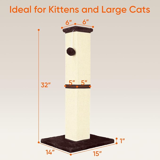 Cat Scratching Post 32 Inch for Indoor Large Cats and Kitten, Nature Sisal Tall Cat Scratch Post, Sisal Cat Scratcher Improve Cat's Scratching Habits and Protect Your Furniture, Beige