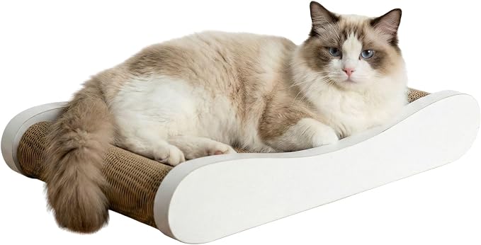 Claw Surfer Cat Bed - Cat Scratcher Bed & Lounge – Heavy Duty High-Density Cardboard, Lasts 5X Longer. Modern Curved Scratching Pad with 20mm White Frame. Non-Toxic, No Mess, White