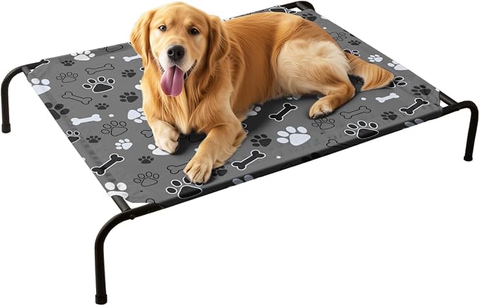 QOOMO Elevated Dog Bed with Cooling Fabric, Pet Cot for Small and Big Dogs, Indoor and Outdoor Use, Joint Relief, Cute Printed Cushion Included (Black Paw Prints, 47.24" L*31.89" W*9.45" Th)