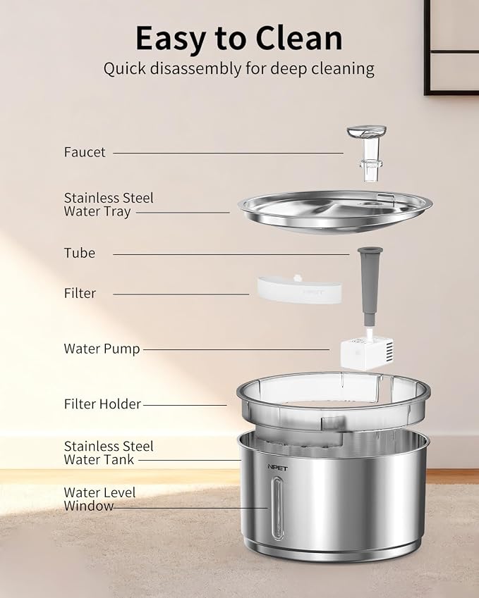 NPET Stainless Steel Cat Water Fountain, 1Gallon/135oz Automatic Pet Drinking Fountain Dog Water Dispenser with 3 Replacement Filters for Cats Indoor