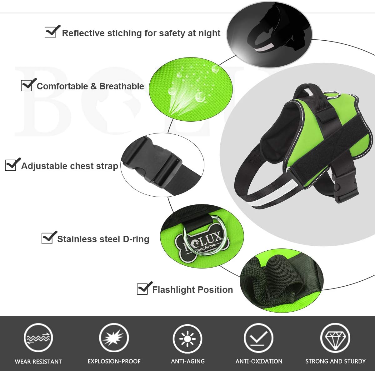 Bolux Dog Harness, No-Pull Reflective Dog Vest, Breathable Adjustable Pet Harness with Handle for Outdoor Walking - No More Pulling, Tugging or Choking (Green, XS)