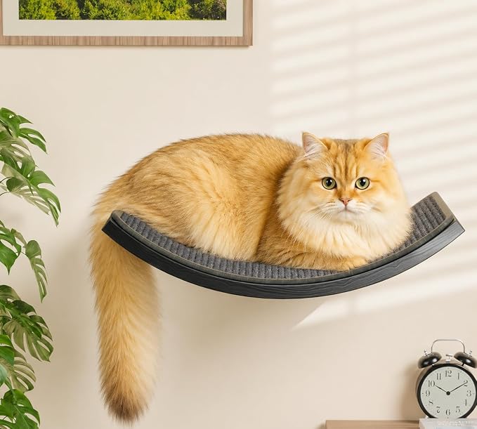 Wall Mounted Curved Cat Hammock with Grey Sisal Pad – Scratch-Friendly Cat Nest Perch for Wall – Large Floating Bed for Indoor Cats