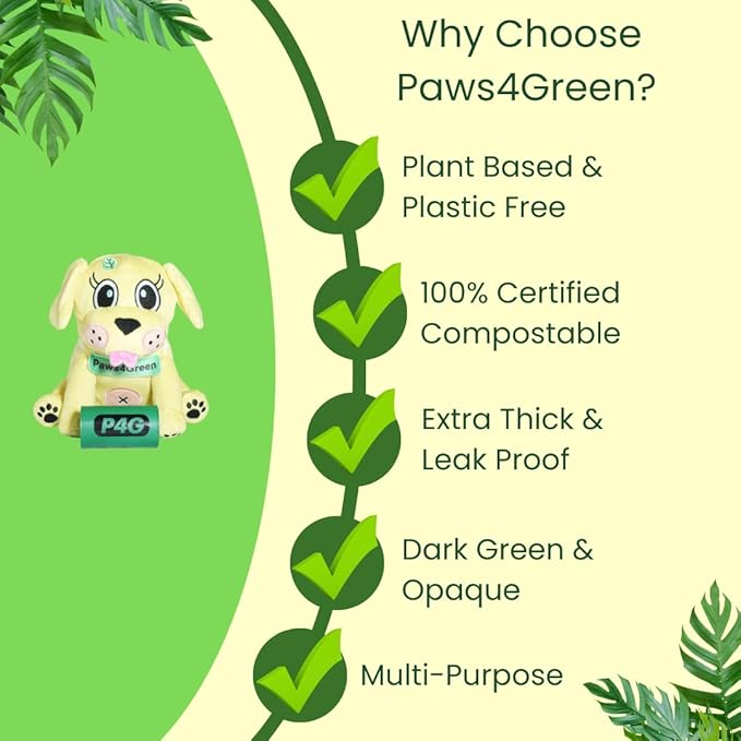 Paws4Green 100% Certified Home Compostable Poop Bags (270 Count 18 Rolls), Plant Based, Extra Thick (20 Micron) Leak Proof, Unscented Standard Size 9 X 13'', ASTM D6400 & EN 13432 Compliant