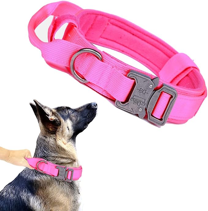 Tactical Dog Collar for Large Dogs with Control Handle,Pink,L | 1000D Heavy-Duty Nylon Fabric,Quick-Release Metal Buckle,Adjustable Fit,Soft-Padded Webbing,D-Ring,for Training & Hiking