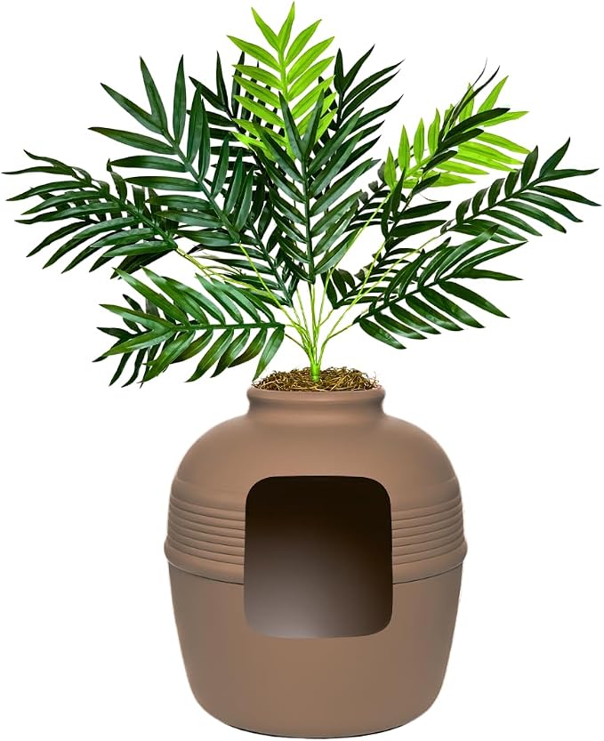 Good Pet Stuff Original Hidden Litter Box Planter, Decorative Cat Litter Enclosure with Carbon Filter, Artificial Palm Plant, Upgraded Design, Easy to Clean, Base Kit, Mocha Brown