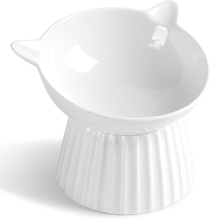 Ceramic Raised Cat Bowl，Tilted Raised Cat Bowl Anti Vomit Cat Bowls for Indoor Cats Whisker Friendly Pet Feeder for Cats Puppies, Microwave and Dishwasher Safe