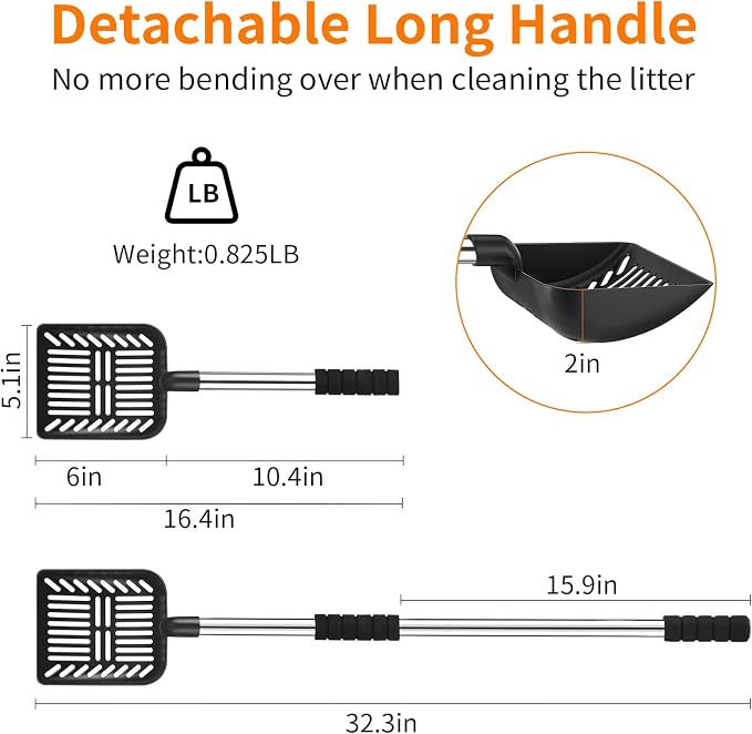 Yangbaga Metal Cat Litter Scoop: 32.3in Long Handle Litter Scooper | Heavy Duty Stainless Steel Pooper Scooper w/Deep Shovel-Detachable Non Stick Litter Sifter w/Foam Padded Grip-No Bending Back