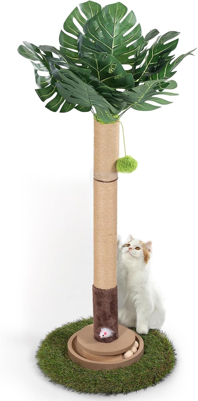Cat Scratching Post, 35 Inch Tall Cat Scratcher Cat Tree Tower with Hanging Ball for Indoor Cats Adults,Sisal Rope Kitten Scratch with Interactive Mouse Cat Toy (41in, Monstera)