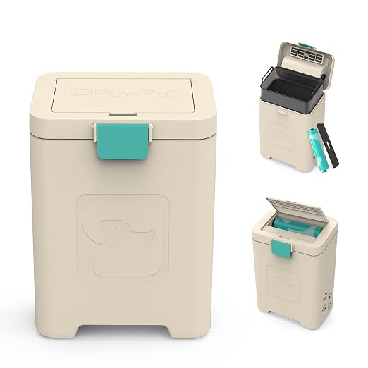 PawPail Pet Waste Station with Activated Carbon Filter and DualVent Odor Control - Outdoor Dog Poop Trash Can with 200 Dog Poop Bags - 19 Liter, Beige