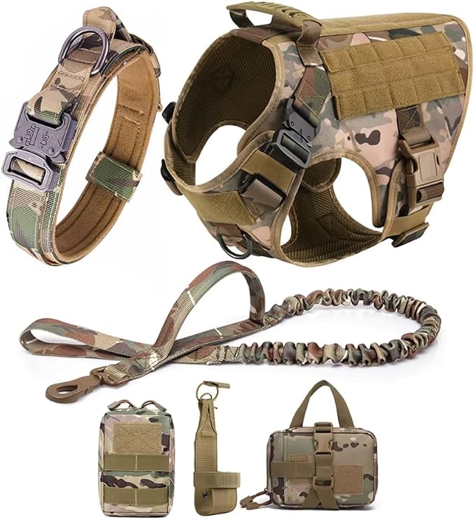 WAYO Dog Harness and Leash Set 6 Items - Military Tactical Vest with Collar for German Shepherd, Malinois, No Pull Training Walking Harness with Adjustable Straps (S/M/L/XL) (Brown, M)