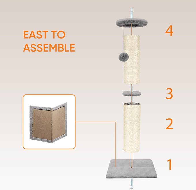 PAWSCRAT Cat Scratching Post 32" Tall, 5-Inch Diameter Natural Sisal Cat Scratch Post with Dangling Ball for Indoor Cats, Scratch-Resistant Durable and Protect Your Furniture, LightGrey