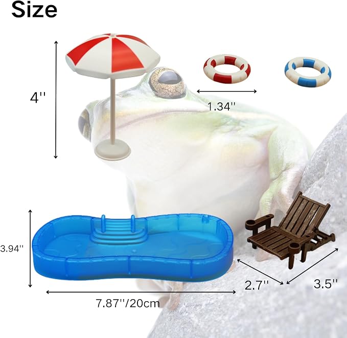 Tree Frog Tank Accessories - Novelty Pool Theme Set Turtle Habitat Decoration Reptile Water Food Bowl for Amphibian Aquatic Frog Toad Lizard Leopard Gecko Hermit Crabs Snake Spider Scorpion (Pool Set)