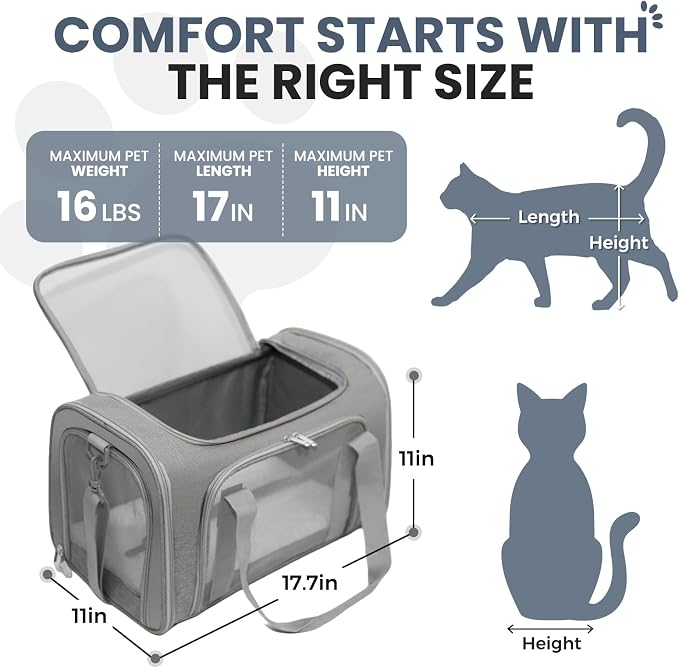 Soft-Sided Cat Carrier Expandable Pet Carrier Airline Approved Mesh Travel Carrier Up to 15lbs for Cats Small Dogs Collapsible Escape-Proof with Shoulder Strap Washable (18x11x11 Gray)