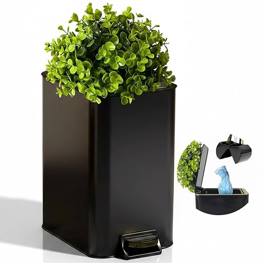 Yatmung Small Outdoor Trash Can for Dog Poop - Dog Waste Trash Can with Lid | Dog Poop Trash Can Outside with Pedal - Metal Trash Can with Plant Lid - 2.6 Gal Stainless Steel Garbage Bin - Black