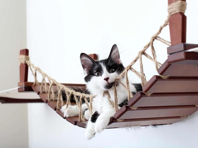 CatastrophiCreations Cat Bridge Wall-Mounted Play and Lounge Toy Cat Tree with Fabric Lounger for Pets - English Chestnut/Charcoal Gray, One Size