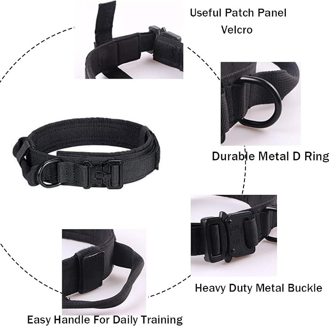 Tactical Dog Collar and Leash Set for Large Dogs with Control Handle，Black | 1000D Heavy-Duty Nylon Fabric,Quick-Release Metal Buckle,Adjustable Fit,Soft-Padded Webbing,D-Ring,for Training & Hiking,M