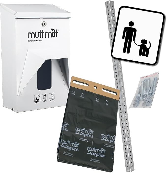 Mutt Mitt® Aluminum Mini Dog Waste Station - Gloss White | Singles | Full-height aluminum station with sign, 400 header bags, locking dispenser, & post | install beside existing trash cans