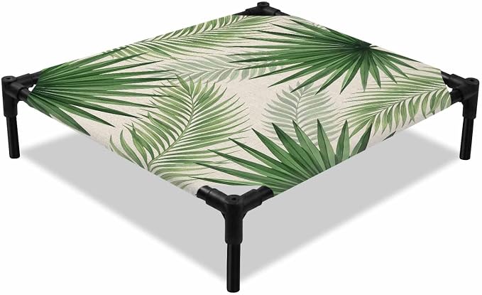 Outdoor Elevated Dog Bed for Small Dogs, Summer Leaves Breathable Cooling Raised Dog Cot for Indoor/Outdoor, Rustic Tropical Palm Leaf Plants Branches Waterproof Elevated Pet Beds, S 20 x 20 in