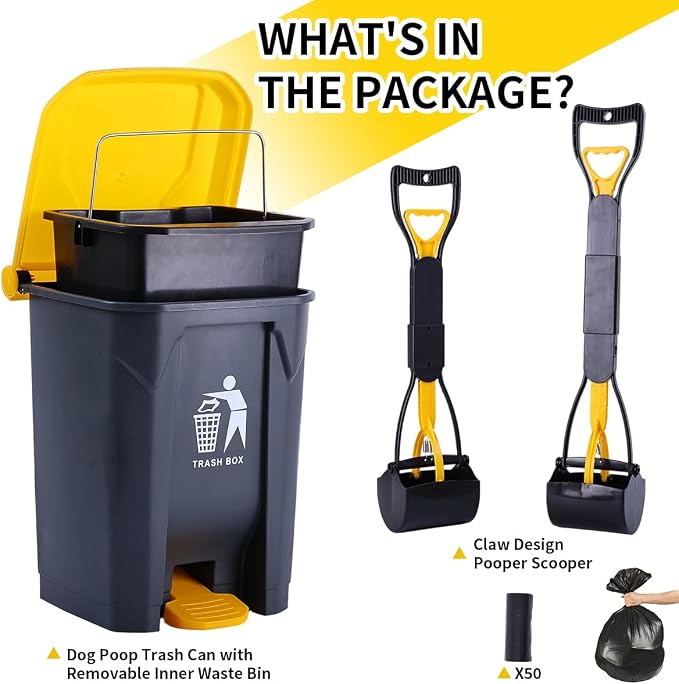Pooper Scooper 2 Pack with 20 Litre Step Dog Poop Trash Can, 28" Long Handle Dog Poop Scoopers for Large Small Dogs Heavy Duty, Removable Inner Bucket for Outdoors, 50 Waste Bags Included (Yellow)