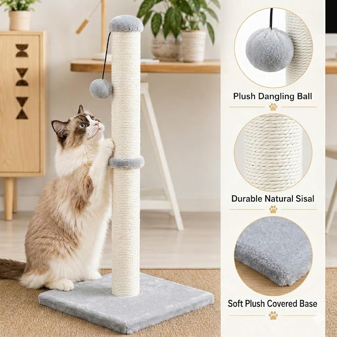 Dimaka 34" Tall Cat Scratching Post for Large Cats and Kittens, High Vertical Scratcher with Premium Natural Sisal Rope and Interactive Hanging Ball for Indoor Cat(Grey, 34 inches for Large Cats)