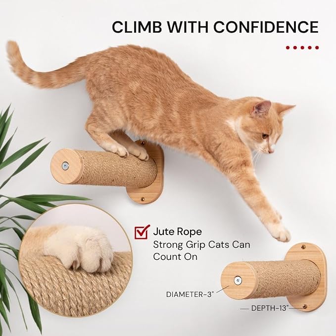 7 Ruby Road Cat Wall Steps - Wall Mounted Cat Climbing Steps | 2 Pack, 13 inch Wall Steps with Jute Grip for Confident Indoor Climbing