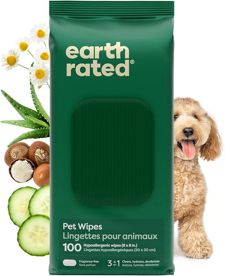 Earth Rated Pet Wipes for Dogs and Cats, Hypoallergenic, Cleaning and Hydrating, for Grooming Paws, Body and Butt, Unscented, 100 Count