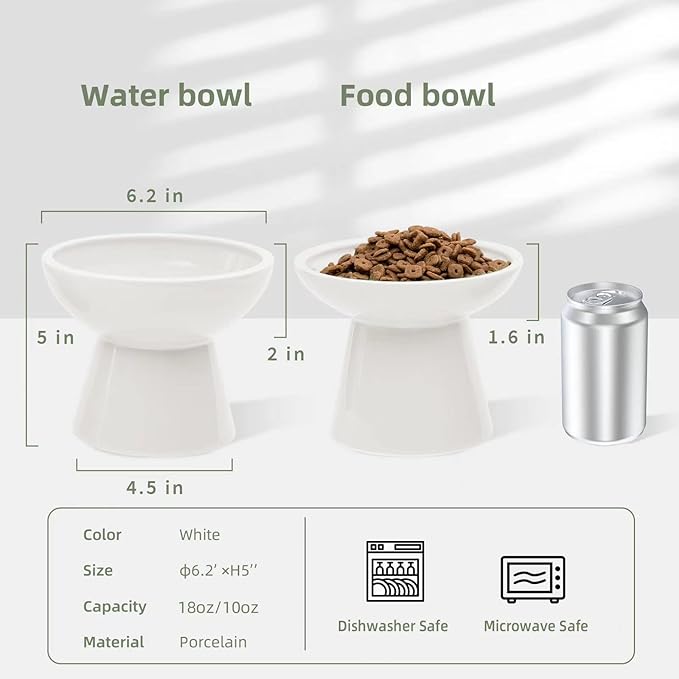 CEEFU 2 Elevated Ceramic Cat Bowls Extra Wide for Food & Water – Whisker Fatigue Shallow Food Dish, Lead & Cadmium-Free, Raised Height for Cats and Dogs, White
