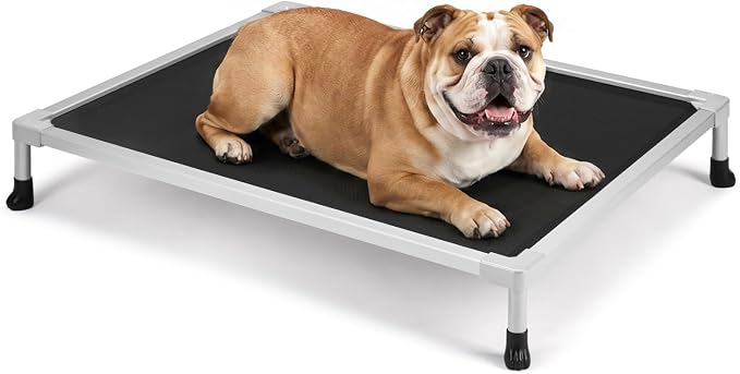 Veehoo Chew Proof Elevated Dog Bed, Silver Aluminum Dog Cot, Pre-Assembled | Cooling Raised Dog Bed for Small Medium Dogs, Indestructible Dog Bed for Crate, Breathbale, Non-Slip Feet, Indoor Outdoor