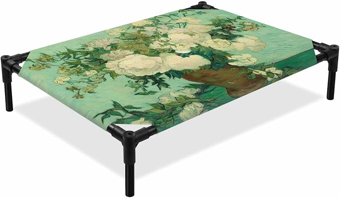 Outdoor Elevated Dog Bed for Medium Dogs, Botanical Flowers Breathable Cooling Raised Dog Cot for Indoor/Outdoor, Farmhouse Blossom Vase Floral Branches Waterproof Elevated Pet Beds, M 24 x 20 in