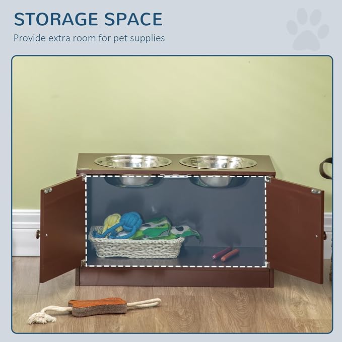 Large Elevated Dog Bowls with Storage Cabinet Containing 44L Capacity, Raised Bowl Stand Pet Food Feeding Station, Brown, Easy-Install
