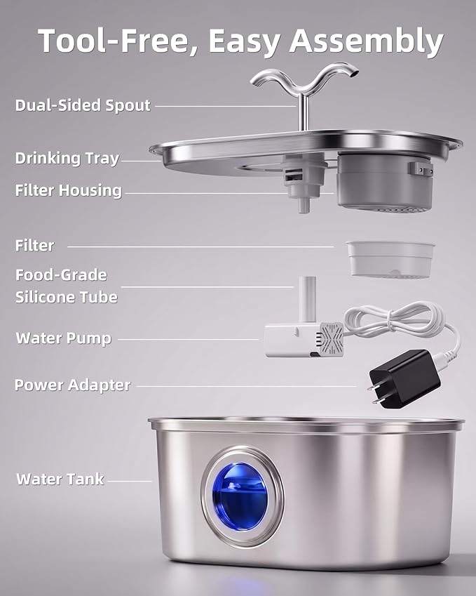 Stainless Steel Cat Water Fountain, 108oz/3.2L Pet Water Fountain for Cats Inside, with Dual Spouts for Multiple Cats, Ultra-Quiet Automatic Dog Water Dispenser, 6 Replacement Filters Included