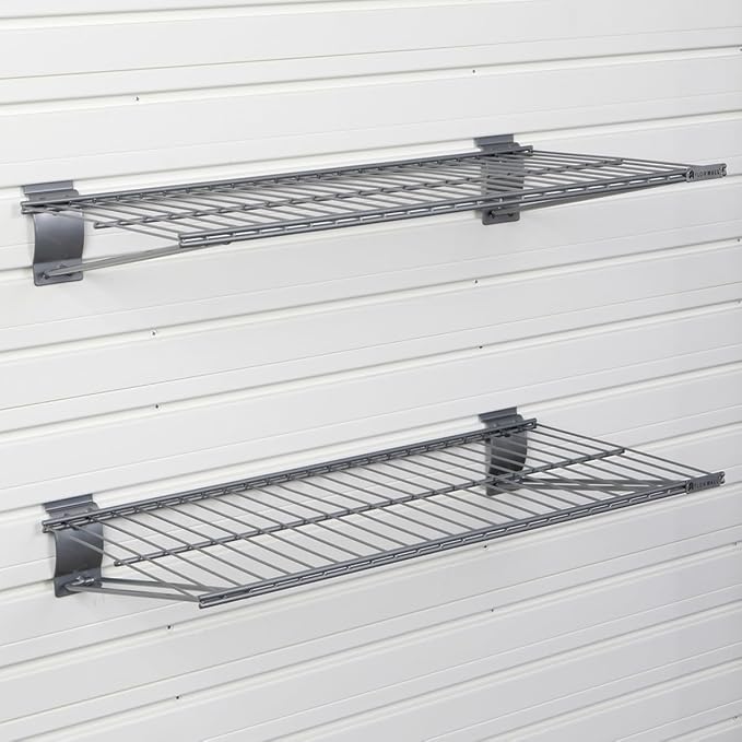 Slatwall Wire Metal Shelf Heavy Duty Adjustable Steel Slat Wall Mount Shelves for Garage Storage & Retail Display (24" x 12") Pack of 2 (Silver)